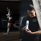 RÉVVI Ice Cold Gel sportvisual met links een hardloper in beweging en rechts een sporter die de Ice Cold Gel vasthoudt, met de teksten “Go all in.” en “Cool down directly."