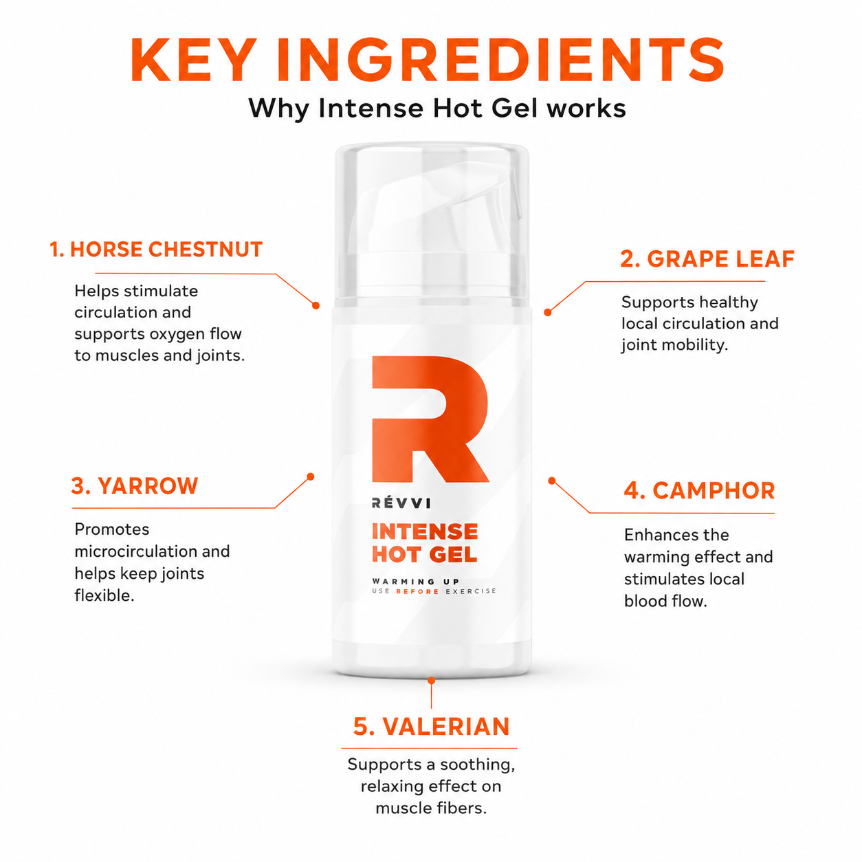 Infographic van RÉVVI Intense Hot Gel met de 100 ml verpakking centraal, omringd door vijf belangrijkste ingrediënten — horse chestnut, grape leaf, yarrow, camphor en valerian — met per ingrediënt een korte uitleg van de werking.