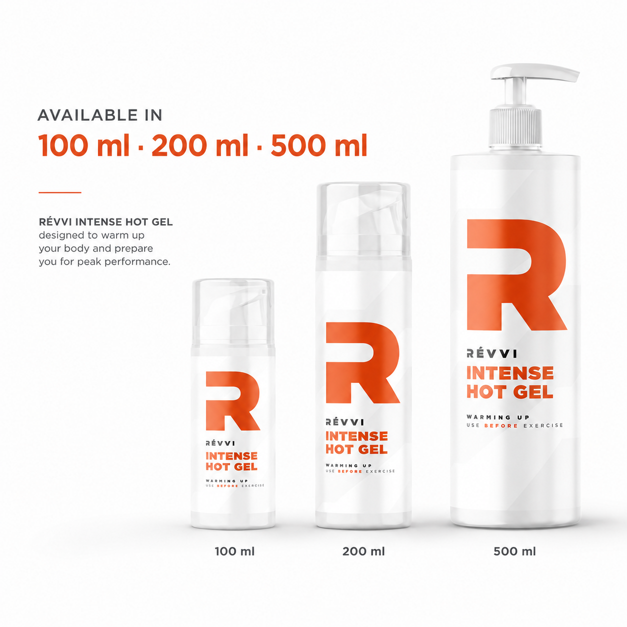 RÉVVI Intense Hot Gel in drie beschikbare formaten: 100 ml, 200 ml en 500 ml.