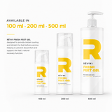 RÉVVI Fresh Feet Gel available in 100 ml, 200 ml and 500 ml, shown as three white bottles with yellow accents on a light background, alongside text describing instant cooling and refreshing support for the feet before exercise.